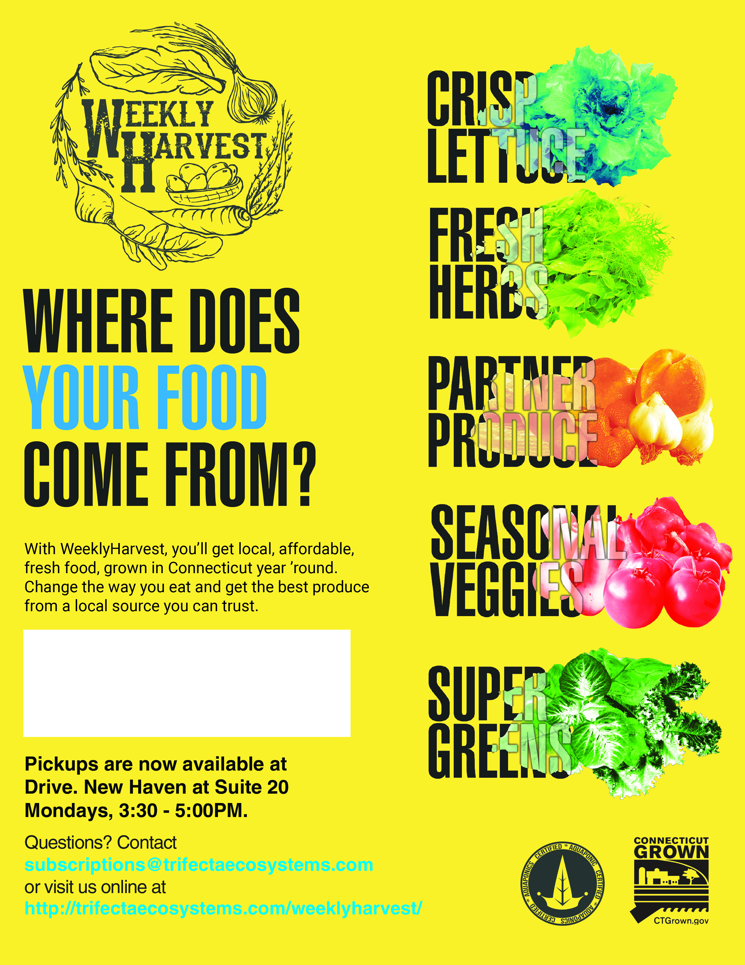 Flyer created for the Weekly Harvest food subscription service for new haven,ct